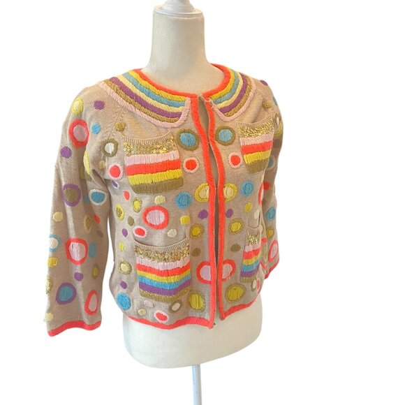 MANOUSH Wool Cardigan crop sleeve multicolor whimsical beige embroidered jacket - Picture 4 of 16